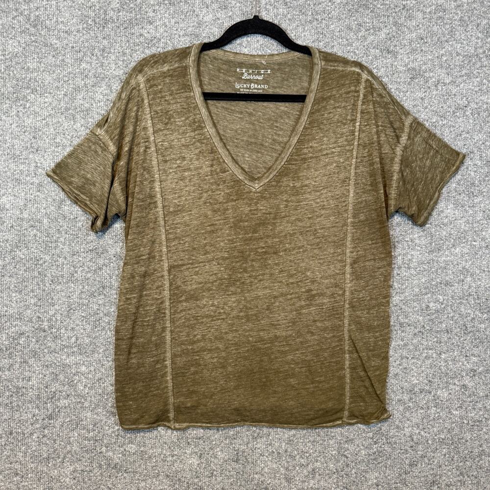 Lucky Brand Shirt Womens Medium Green Venice Burnout Vneck Stretch Boho